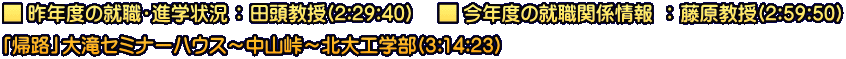 ■ 昨年度の就職・進学状況 ： 田頭教授(2:29:40)　 ■ 今年度の就職関係情報  ： 藤原教授(2:59:50) 「帰路」大滝セミナーハウス～中山峠～北大工学部(3:14:23)