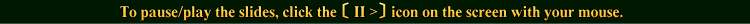 To pause/play the slides, click the [II >] icon on the screen with your mouse.